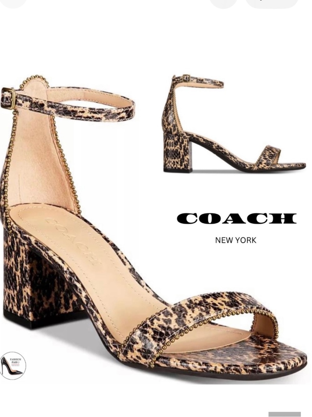 NWT!! Coach Leopard Print Bead-Trim Block Heel Sandal - Tan/Black